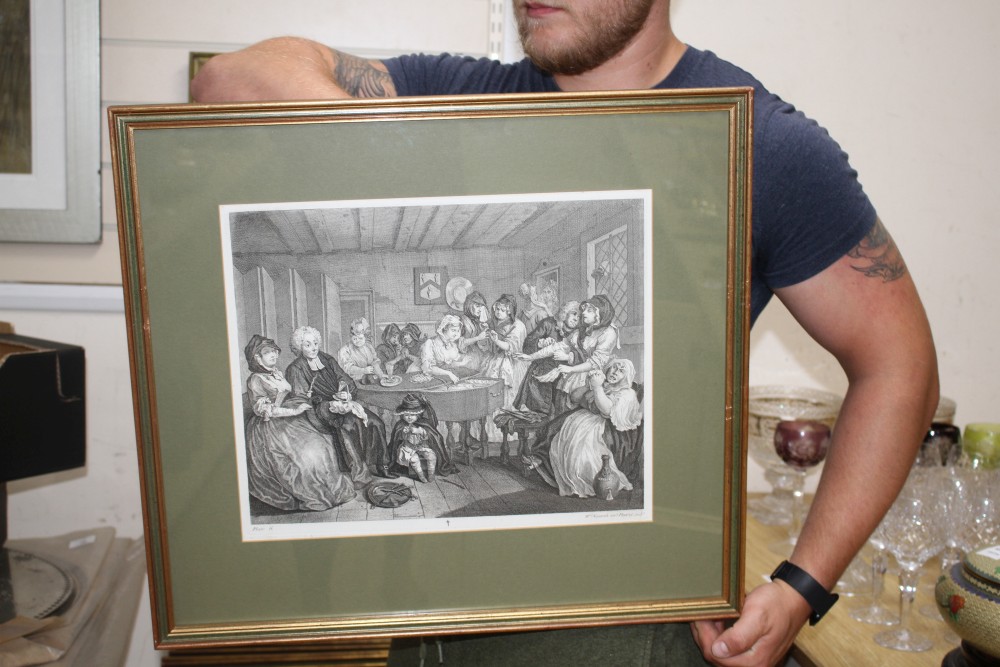 William Hogarth, set of six engravings, A Harlots Progress, 33 x 40cm
